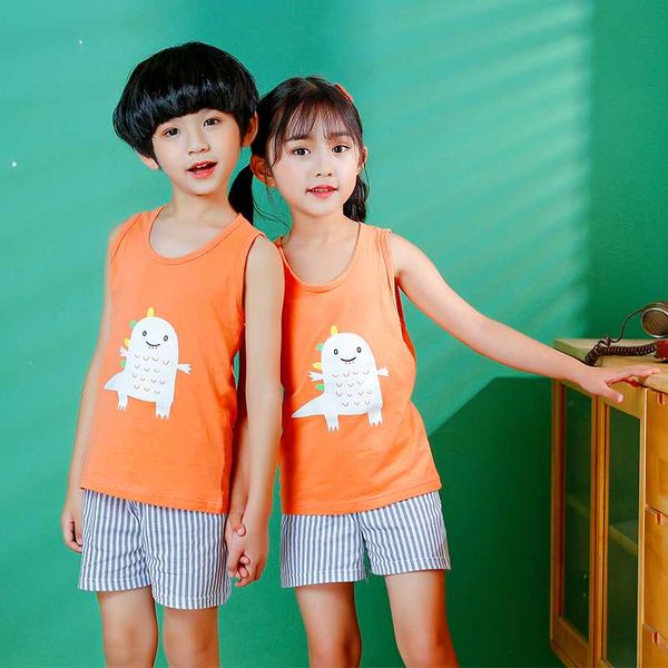 

boys tees shorts summer vest tees sleeveless cool breathable cotton girls clothing sets kids 90-140cm cartoon cute dinosaur, White