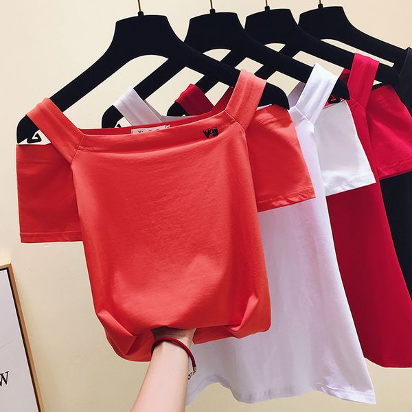 

2020 women summer off shoulder t-shirt women t shirt slash neck cotton t-shirt striped short sleeve tee shirt femme, White
