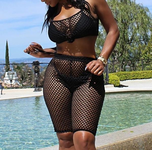 

bkld summer 2019 new see through mesh 2 piece set cover up fishnet women sleeveless crop and shorts womens two piece, Gray