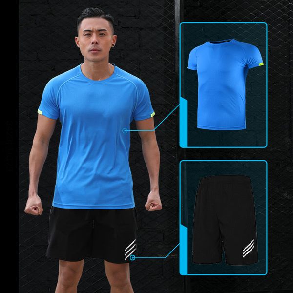 

running t shirt sport men gym t-shirt men sports tights tshirt work punisher running football basketball tennis shirt set, Black;blue