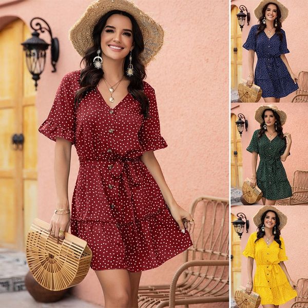

women summer beach dress casual short sleeve polka dot dress boho mini party v neck sundress, Black;gray