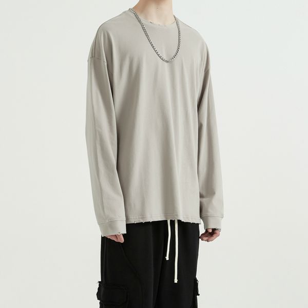 

autumn garment-wash cotton t-shirt ripped cuffs long sleeve raglan tee streetwear, White;black