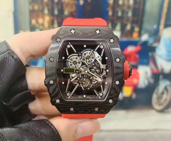 

2020 luxury black mens watch hollow automatic mechanical carbon fiber waterproof crystal glass rubber strap fashion watch, Slivery;brown