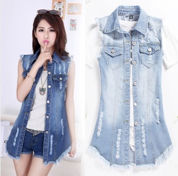 

new style versatile lapel large size mid-length denim women's sleeveless suit jacket fashion vest jacket vest, Black;white