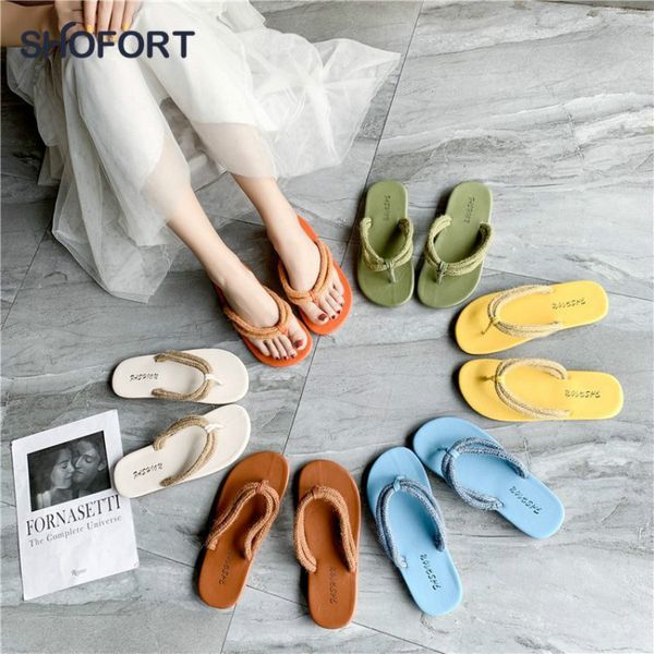 

shofort women shoes flip flops cool summer shoes simple rope roman flat sandals women outside zapatos de mujer, Black
