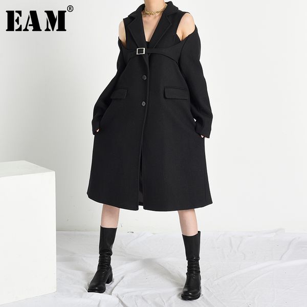 

[eam] loose fit off shoulder temperament long woolen coat parkas new long sleeve women fashion tide autumn winter 2020 a410, Black