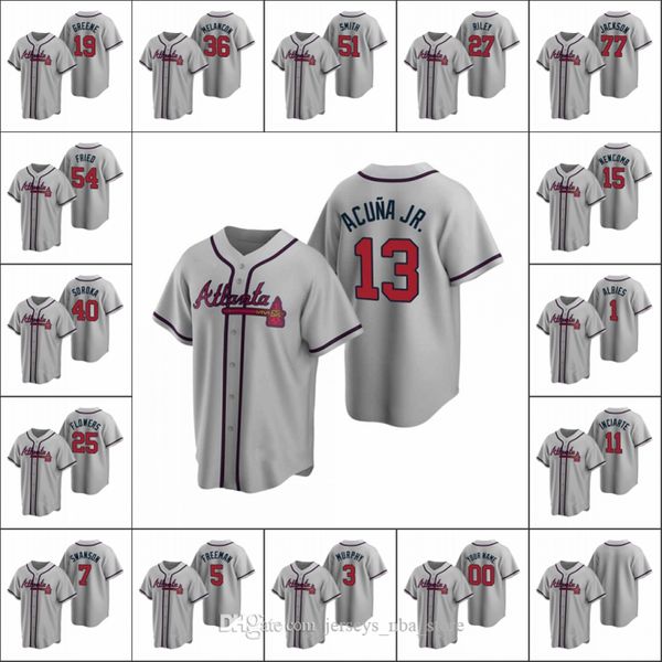 

atlanta braves #13 ronald acuna jr. 7 dansby swanson 5 freddie an men women youth custom gray 2020 replica road jersey, Blue;black