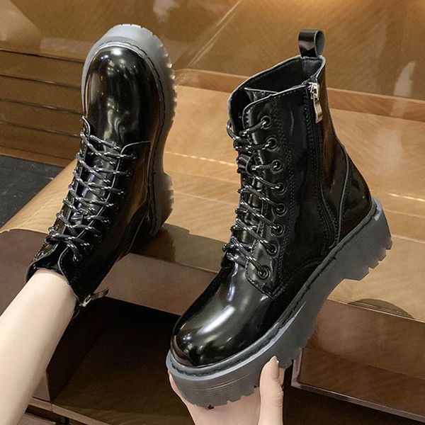 

british lace up boots women shoes clear chunky heels riding botas muffins chic zipper microfiber botas mujer platform boots 2020, Black