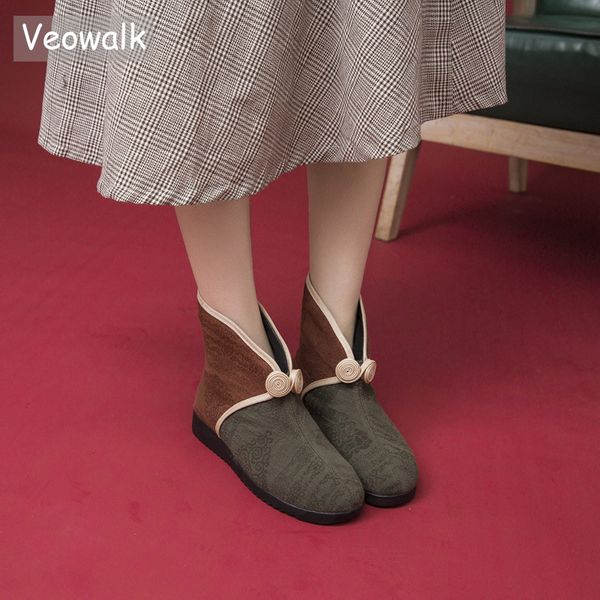 

veowalk vwnter женщины теплый снег хлопок короткие ботильоны non-skid bottom vintage ladies вышитые flat пинетки туфли на платформе, Black