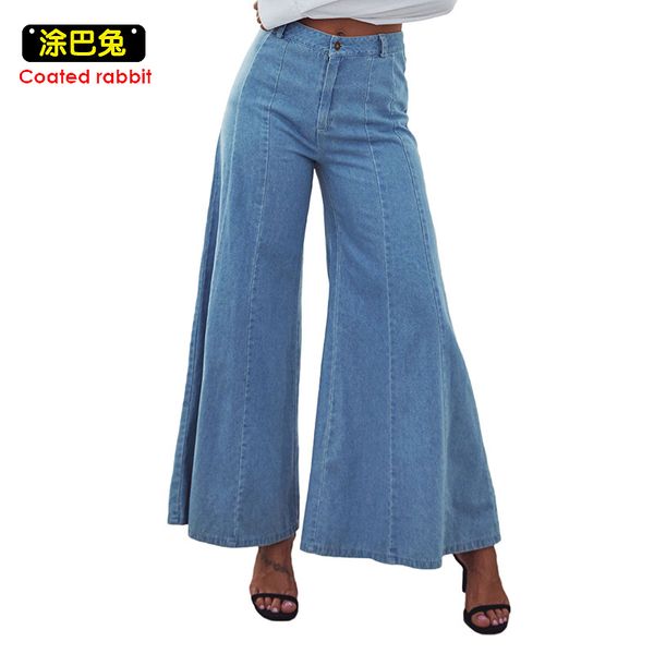 

cr woman high waist jeans spring autumn streetwear lady wide leg female pants ladies denim, Blue
