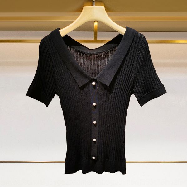 

adok5 l2019 summer new v-neck ice buckle pearl shirtsilk thin pearl buckle slim fit short sleeve knitted shirt women's temperament shir, White