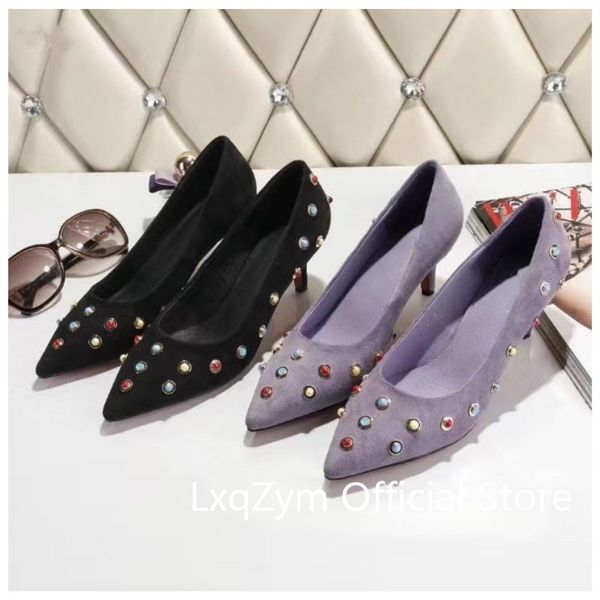 

2020 summer new trend suede pointed female sandals banquet fine heels ladies 6cm party shoes shallow mouth slippers, Black