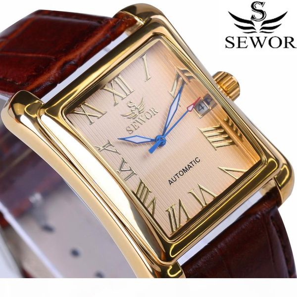 

new sewor brand luxury rectangular men watches automatic mechanical watch roman display antique clock relogio wrist watch j190705, Golden;silver