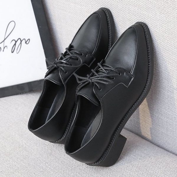 

2020 autumn oxford shoes for women new casual shoes woman pointed toe square mid heels solid leather lace up women brogues, Black