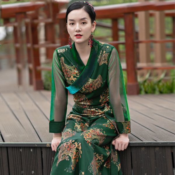 Ásia vestido tibetano vestuário étnico mulheres longas vestido tradicional tibet traje elegent senhora seda misturar vestido de verão