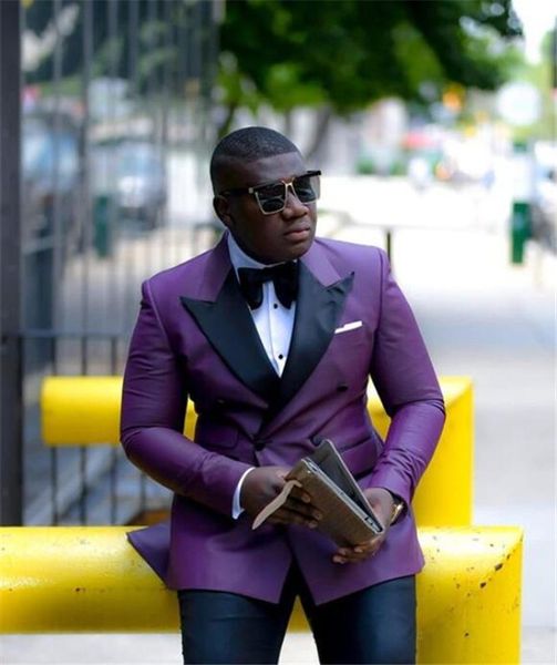 

purple men suit double breasted jacket with black pants peak lapel slim fit wedding guest wear prom party formal suit custom made, Black;gray