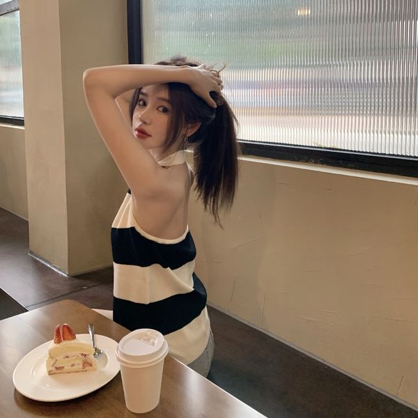 

vjewr yuya online popular hanging neck with open back and striped inner vest base women's 2020 summer outer wear vest strap fas, White