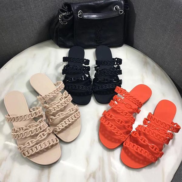 

new woman designer woman shoes chain design slippers sandals pvc jelly slides chaine d'ancre beach flip flops, Black;grey