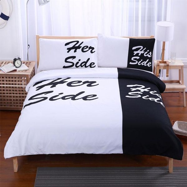 

beddingoutlet black and white bedding set his side & her side couple home textiles soft duvet cover with pillowcases 3pcs hot