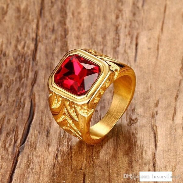 

mens fire red cubic zirconia crystal rings for men gold tone stainless steel engraving male hip-hop jewelry, Silver