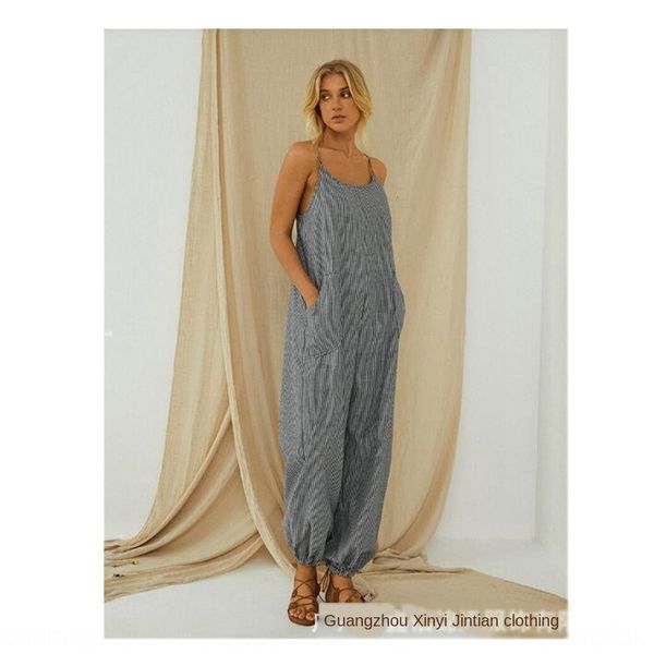 

women's sling jumpsuit pocket cotton and linen striped adjustable sling shoulder shoulder strap strap loose casual jumpsuit, Black;white