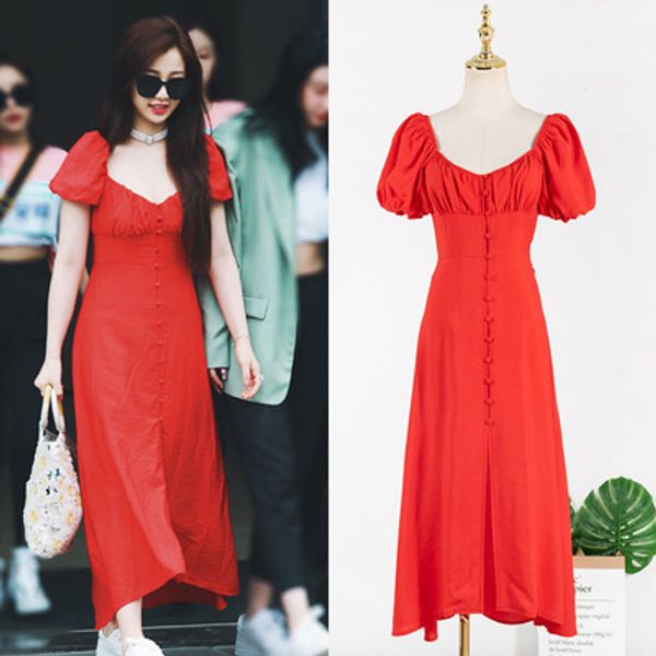 

2020 summer fashion new square neck bubble sleeve red long dress summer retro hepburn dress, White