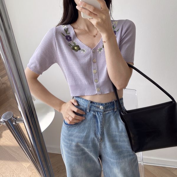 

gl3op cistanche 2020 summer new embroidery embroidery korean style ins short v-neck embroidered short sleeve single-breasted knitted top, White