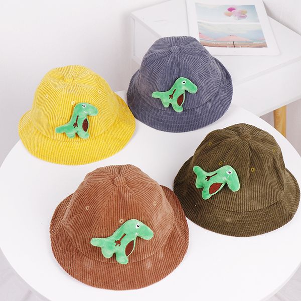 

2020 new children's hat autumn and winter corduroy cartoon dinosaur baby fisherman bucket hat dark baby sun kids beanies, Yellow