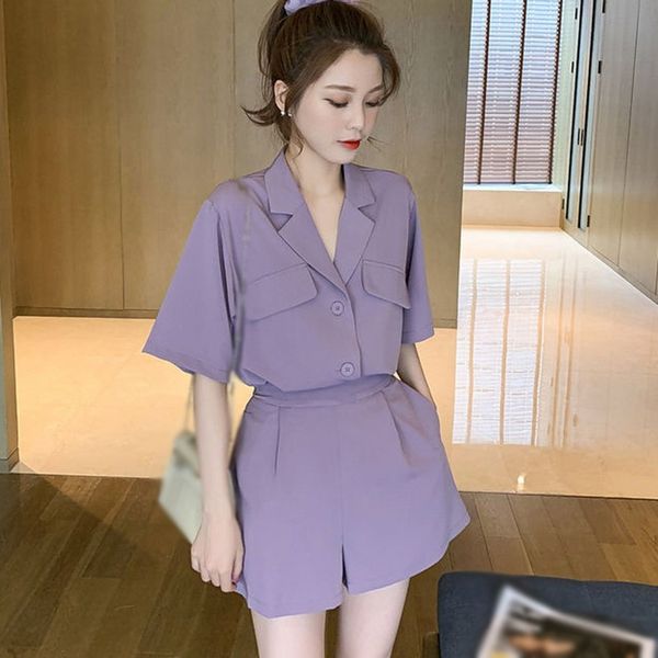 

new summer style sets solid color casual and regular ladies suit shirt+shorts two piece women outfits 2020 sellers, White