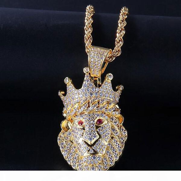 

d 14k позолоченный iced out корона львиная голова кулон ожерелье micro pave diamonds кубического циркония рэпер singer аксессуары, Silver