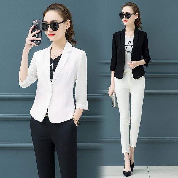 

ghkrv 2019 korean style new springsummer and autumn white chiffon sleeve 2019 korean spring suit slim fit cropped sleeve small suit for wome, White;black