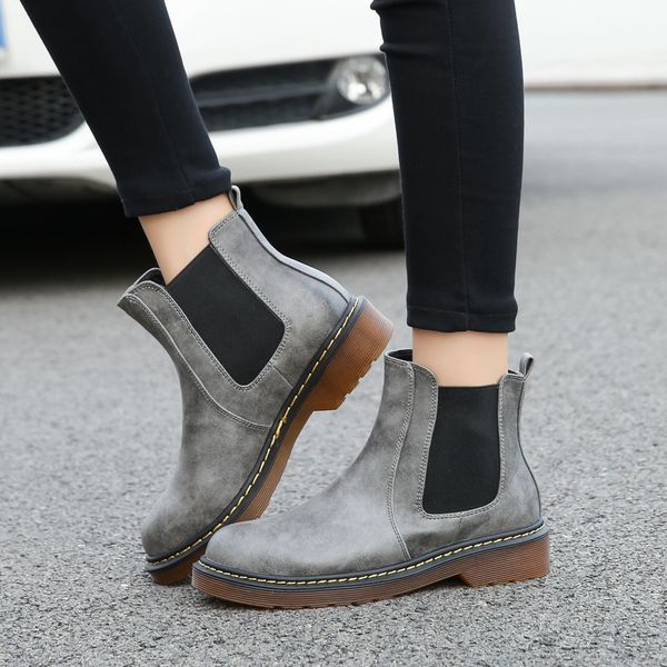 

2019 autumn and winter ankle boots british style casual brushed round head pu leather boots flat chunky heel ankle boots women, Black