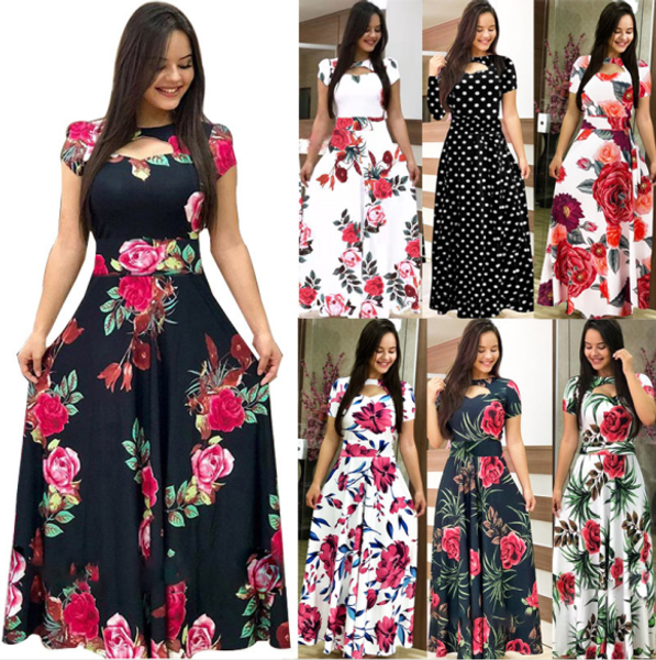 

plus size 5xl elegant spring autumn women dress casual bohmia flower print maxi dresses fashion hollow out tunic vestidos dress