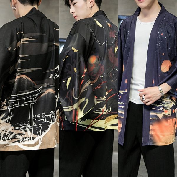 

korean cloak coat kimono coat men's thin tang japanese style style cardigan robe kimono sunscreen cloak, Tan;black