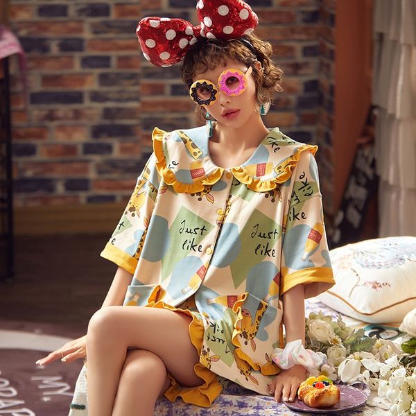 

5ohkl pajamas women's summer cotton short-sleeved shorts cardigan japanese and pajamas wool kimono wool korean kimono cartoon pattern h, Blue;red