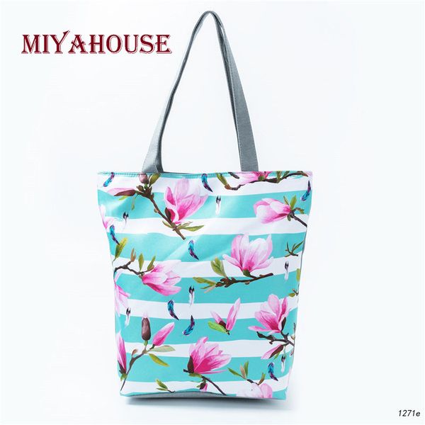 

miyahouse striped design floral printed tote handbag female canvas beach bag lady daily use casual shoulder bag girls