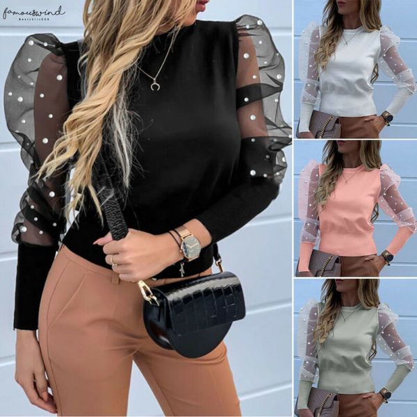 

women fashion long sleeve sheer mesh blouse puff sleeve vintage pearls sleeve baggy blouse o neck shirts female blusas, White