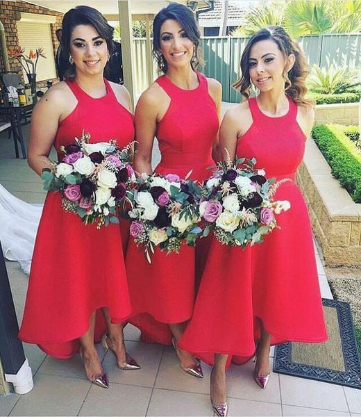 

red homecoming dresses halter bridesmaid dresses hi lo simple african country maid of honor party dress plus size custom made, White;pink