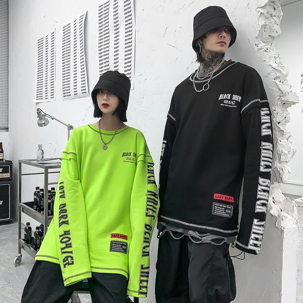 

ins dark mourning high street loose sweater casual couple printed fake two round neck long sleeve sweater men and women fashion, Black
