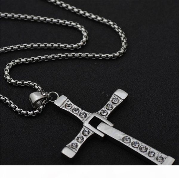 

r classic fast and furious 8 moive necklace pendant dominic toretto cross stainless steel with crystal necklace pendant for men, Silver