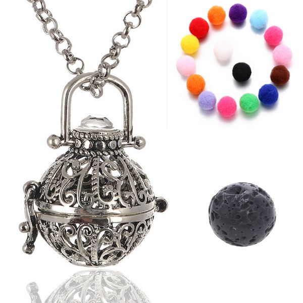 

openwork essential oil necklace wholesale jewelry lockets aromatherapy pendant lava volcanic stone metal b379q, Silver