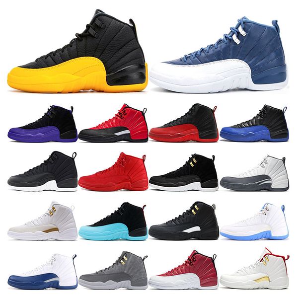 

mens trainers 12 jumpman basketball shoes 12s university gold indigo reverse flu game taxi dark concord sports sneakers size 7-13 outdoor, White;red