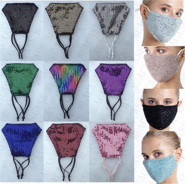 

reusable designers face masks sequins sequined fashion face mask with pm2.5 filter slot pouch individual bag packing glitter facemask d72106, Blue