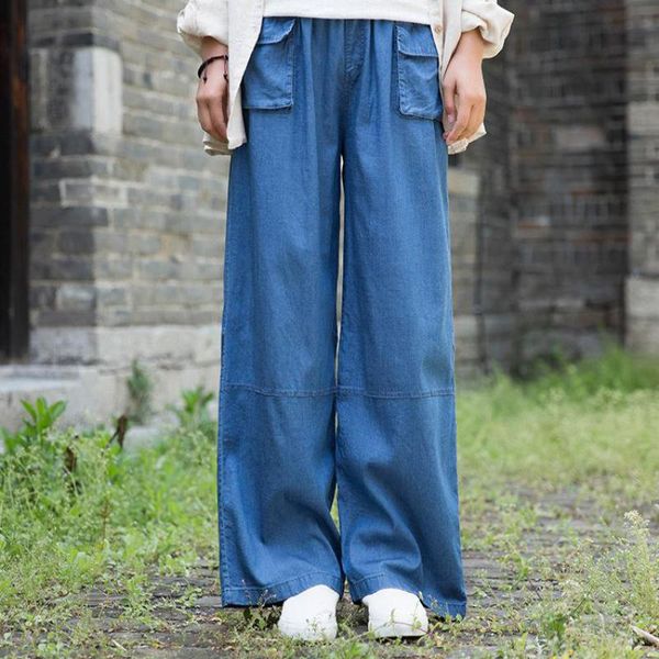 

women's jeans johnature full length retro patchwork pocket elastic waist denim wide leg pants 2021 autumn comfortable women leisure, Blue