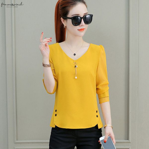 

women spring summer style chiffon blouses shirts lady casual three quarter v neck sleeve v neck blusas df1963, White