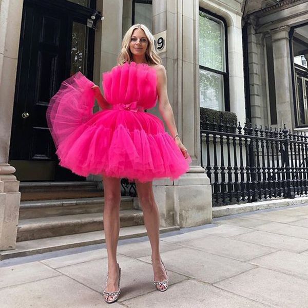 Vendita calda Abiti da cocktail corti 2020 Baby Pink Hot Pink Extra Puffy Tulle Prom Dress Ragazze sopra il ginocchio Una linea da sera Abiti da festa formale