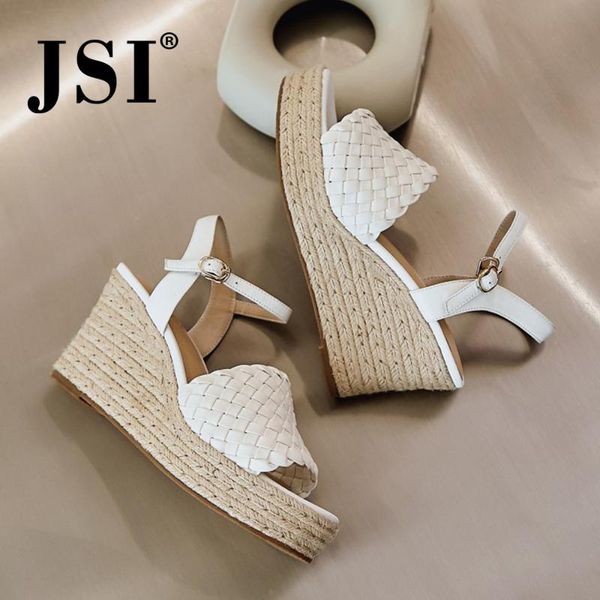 

jsi summer genuine leather concise style checkered sandals lady wedge heel buckle strap dress shoes jo579, Black