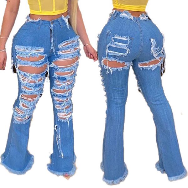 

vintage ripped jeans for women fringe cut out flare denim pants high waist bodycon hole bell bottom jean denim club trousers, Blue