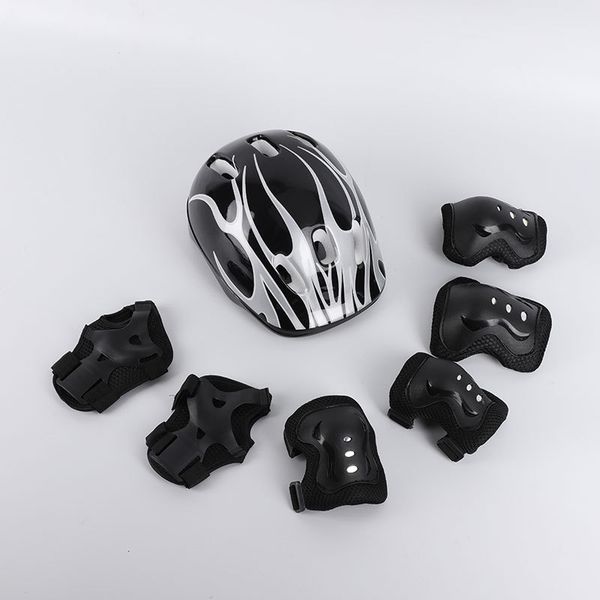 

7 pcs roller skating kids foam helmet bike swing car skate knee elbow pads wrist guard children outdoor protective gear, Black;gray