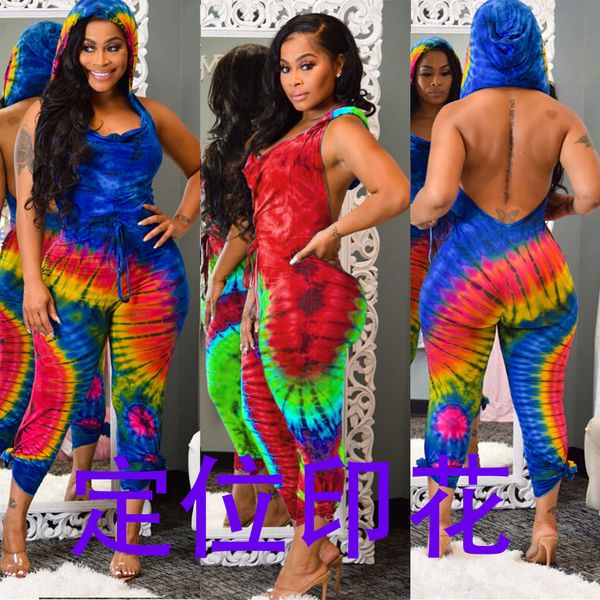 

2020 new fashion european and american backless hooded positioning printing jumpsuit, White